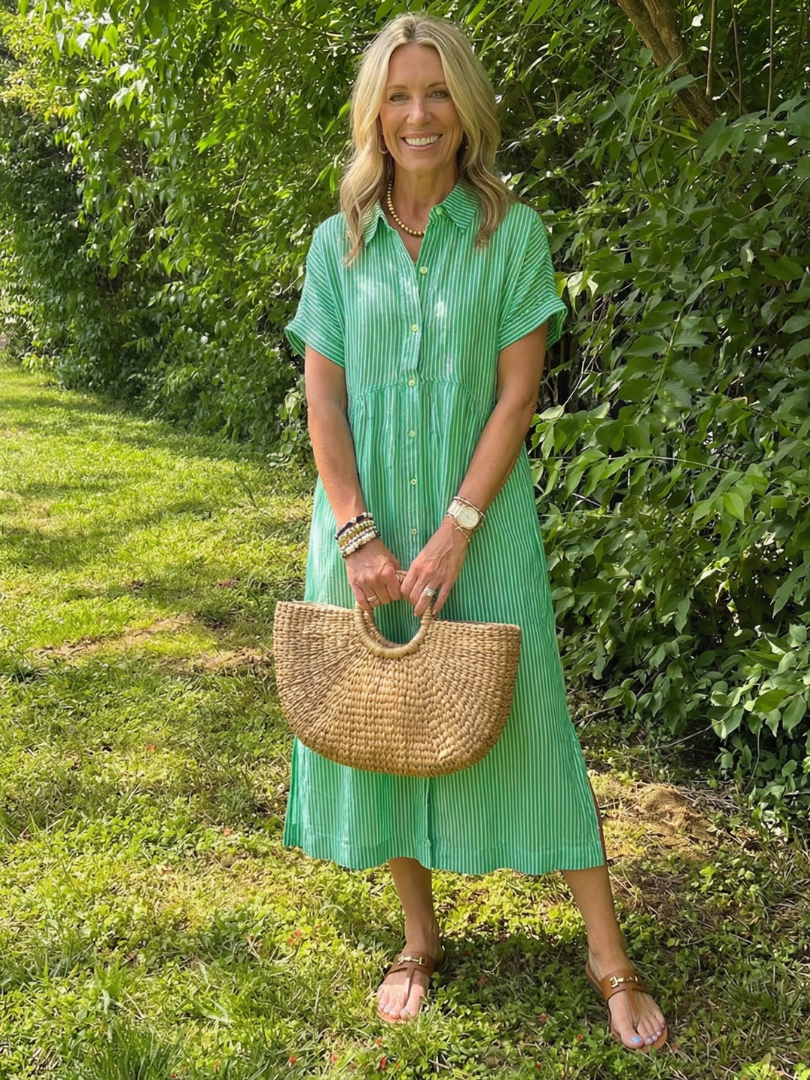 Ismeria | Short Sleeve Button Front Striped Midi Dress