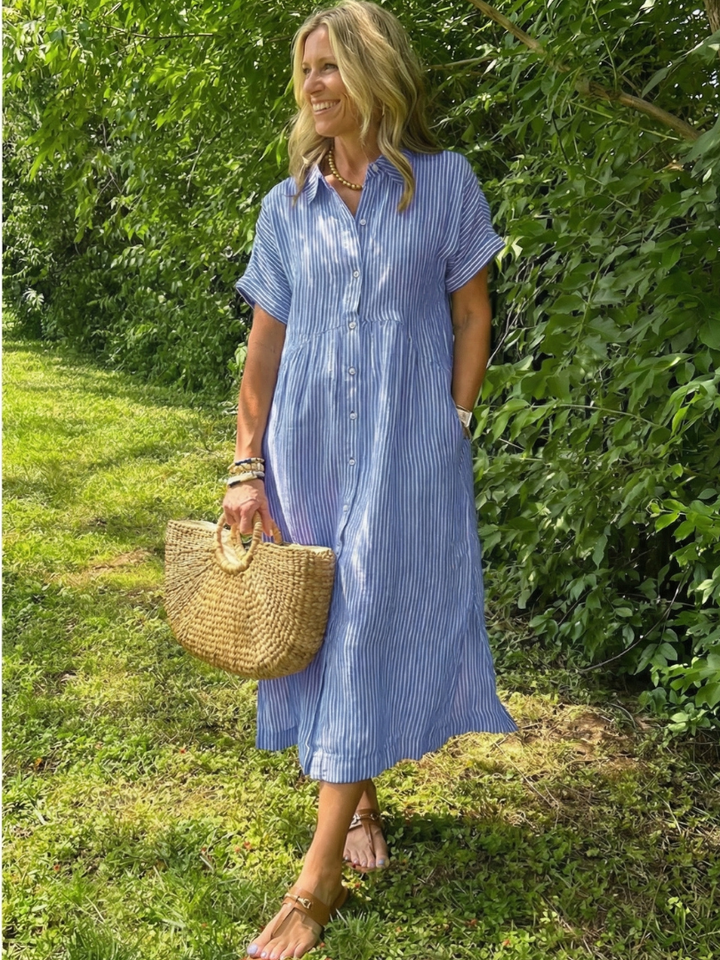Ismeria | Short Sleeve Button Front Striped Midi Dress